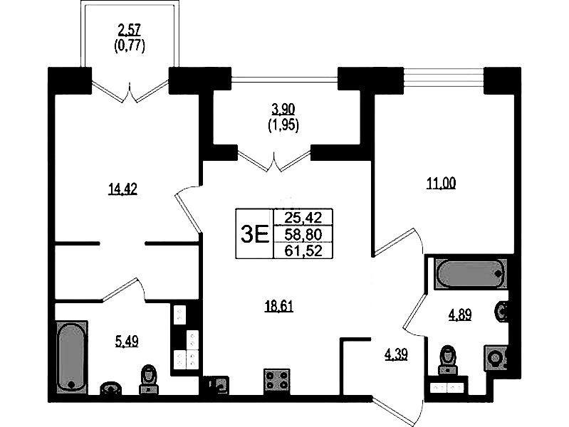 2-комнатная квартира 61.52 м², 3/4 эт., ЖК «Ranta Residence»